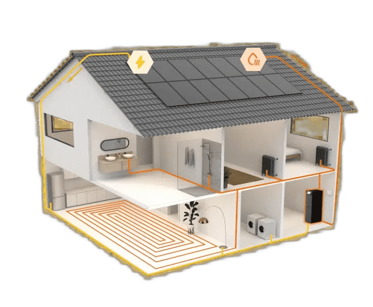 Schéma 3D d'une maison avec panneaux solaires, pompe à chaleur, plancher chauffant et ballon d'eau chaude
